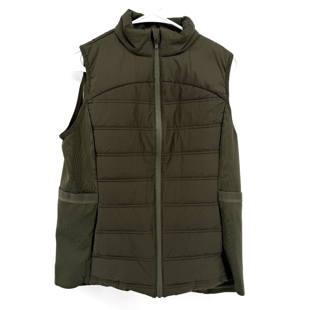 Avia Quilted Puffer Vest Dark Olive Green Stretch Outdoor Layer Full Zip Women L